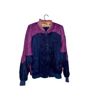 Bill Blass Mens Jacket Long Sleeve Full Zip Up Silk Navy Blue Purple Size Medium